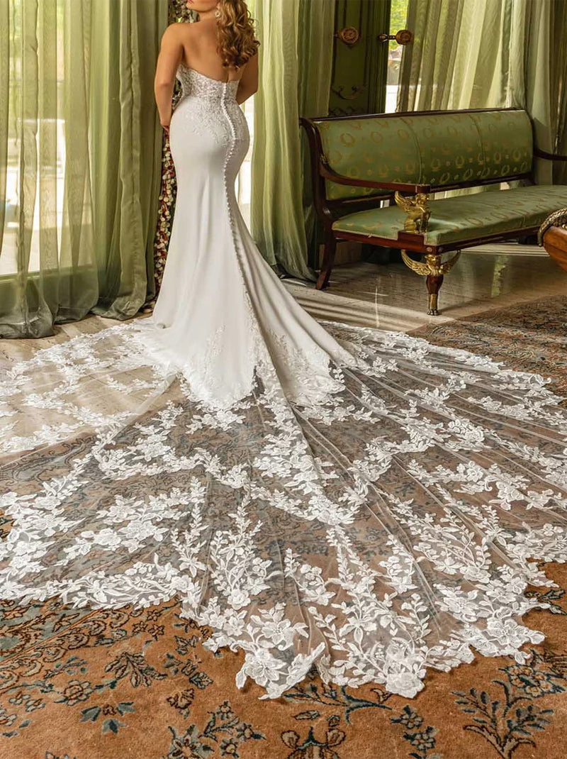 Gorgeous Mermaid Wedding Dresses Sweetheart Appliqued Detachable Long Sleeves Satin Court Train Bridal Gowns Custom Made