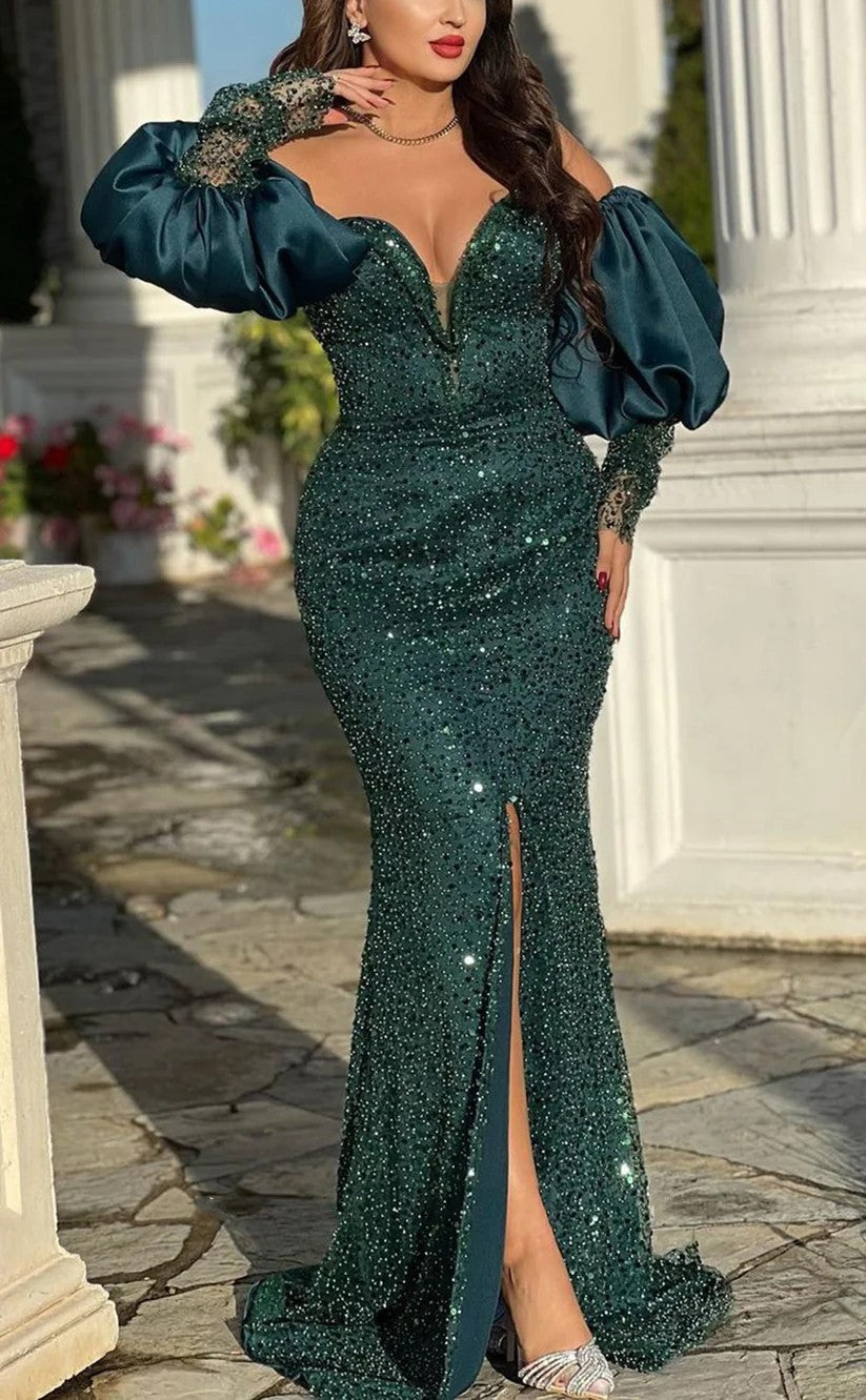 RP1039-Sparkling Green Mermaid Sweetheart Sequins Beads Long Sleeves Long Prom Evening Dresses Formal Party Gowns With Slit
