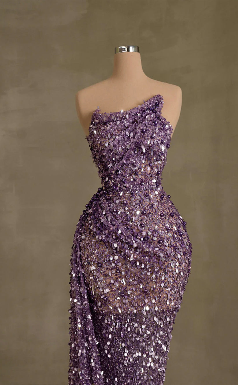 RP265-Purple Trumpet Strapless Beads Crystals Sequins Prom Evening Dresses Formal Party Gowns