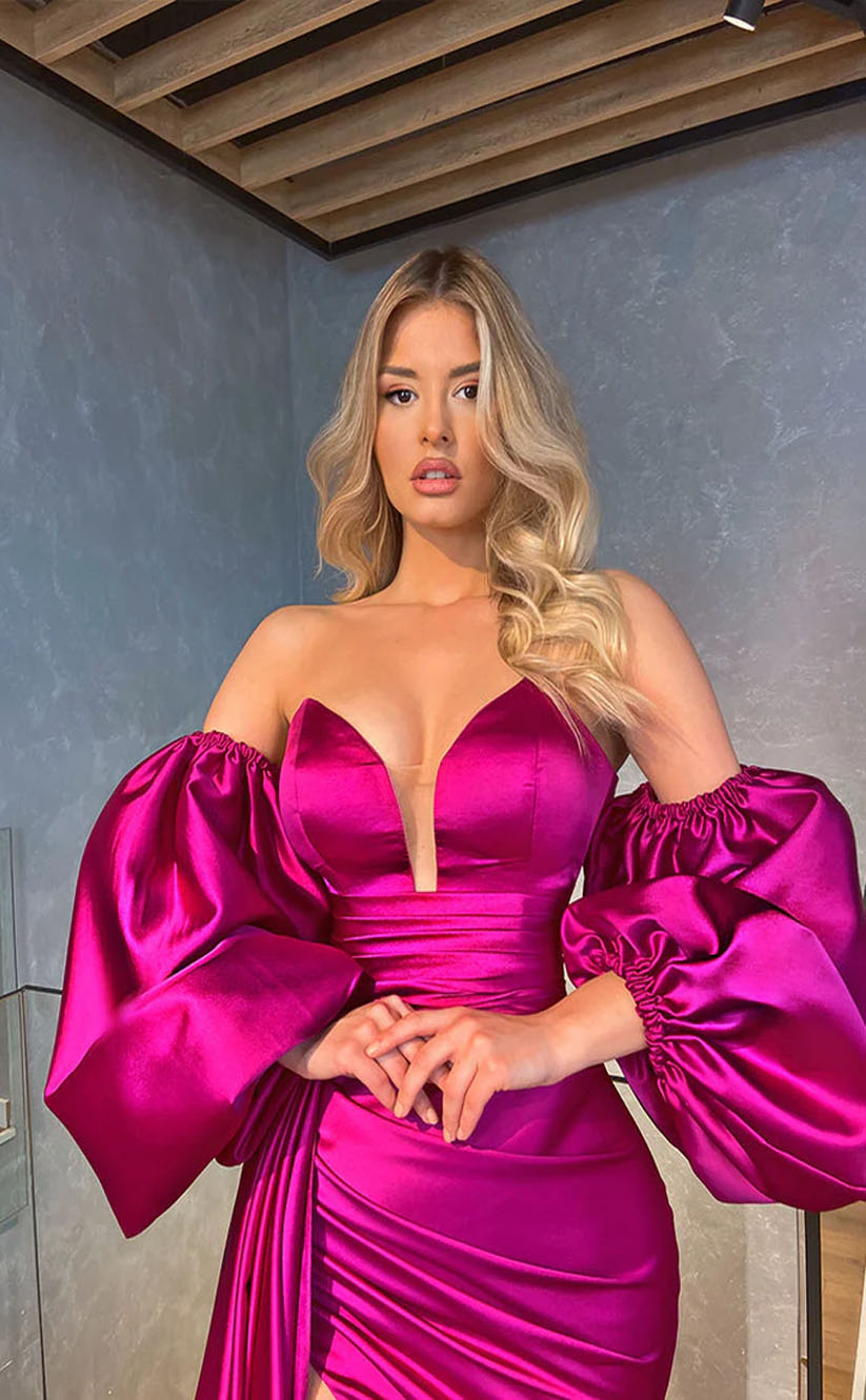 RP2114-Modern Fuchsia Mermaid Sweetheart Pleated Puffy Sleeves Satin Prom Evening Dresses Formal Party Gowns With Slit