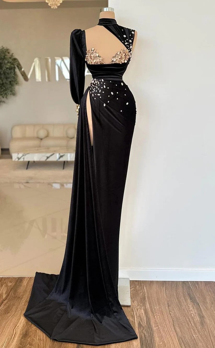 RP1339-Elegant Black Mermaid High Neck Crystals Beaded One Long Sleeve Velvet Prom Evening Dresses Formal Party Gowns With Slit