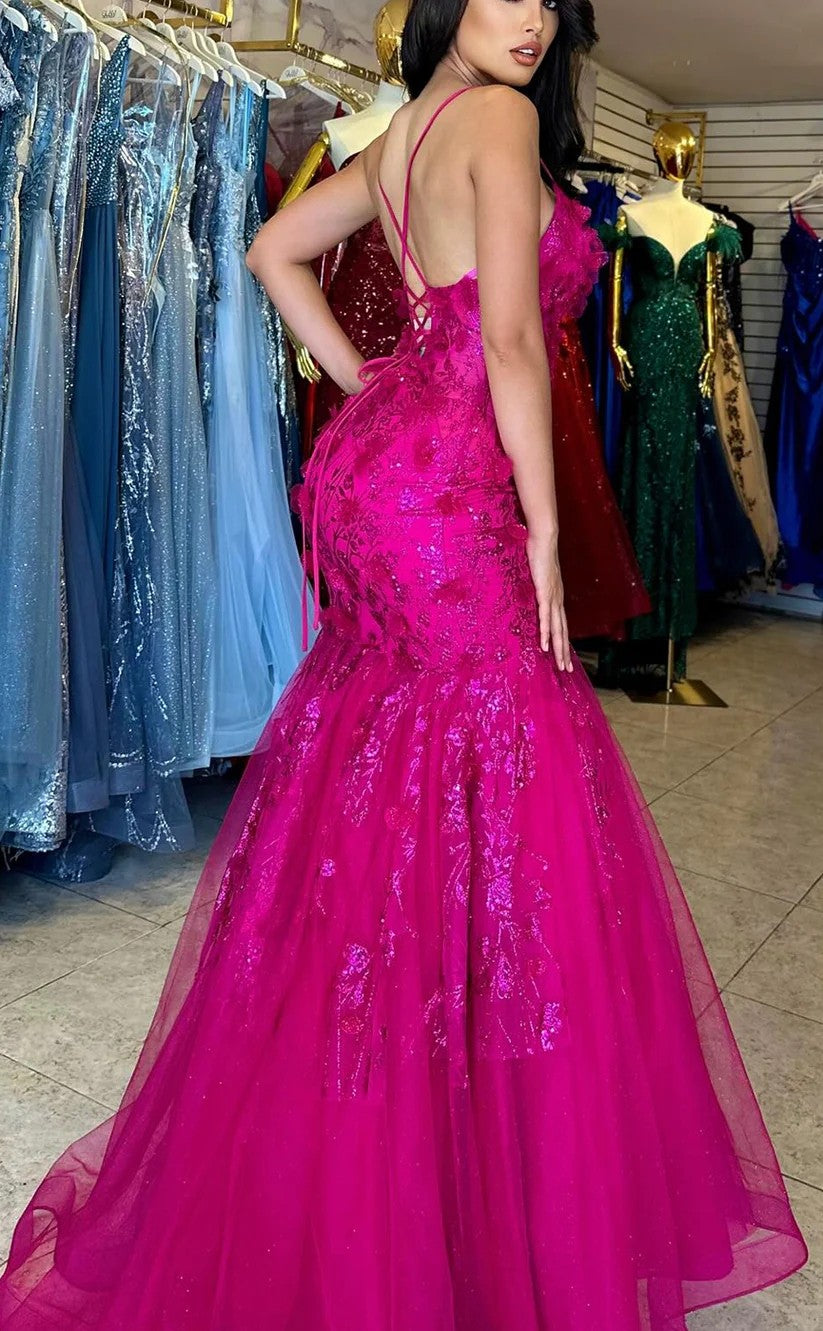RP1305-Gorgeous Fuchsia Mermaid Spaghetti Appliqued Beaded Sleeveless Prom Evening Dresses Formal Party Gowns