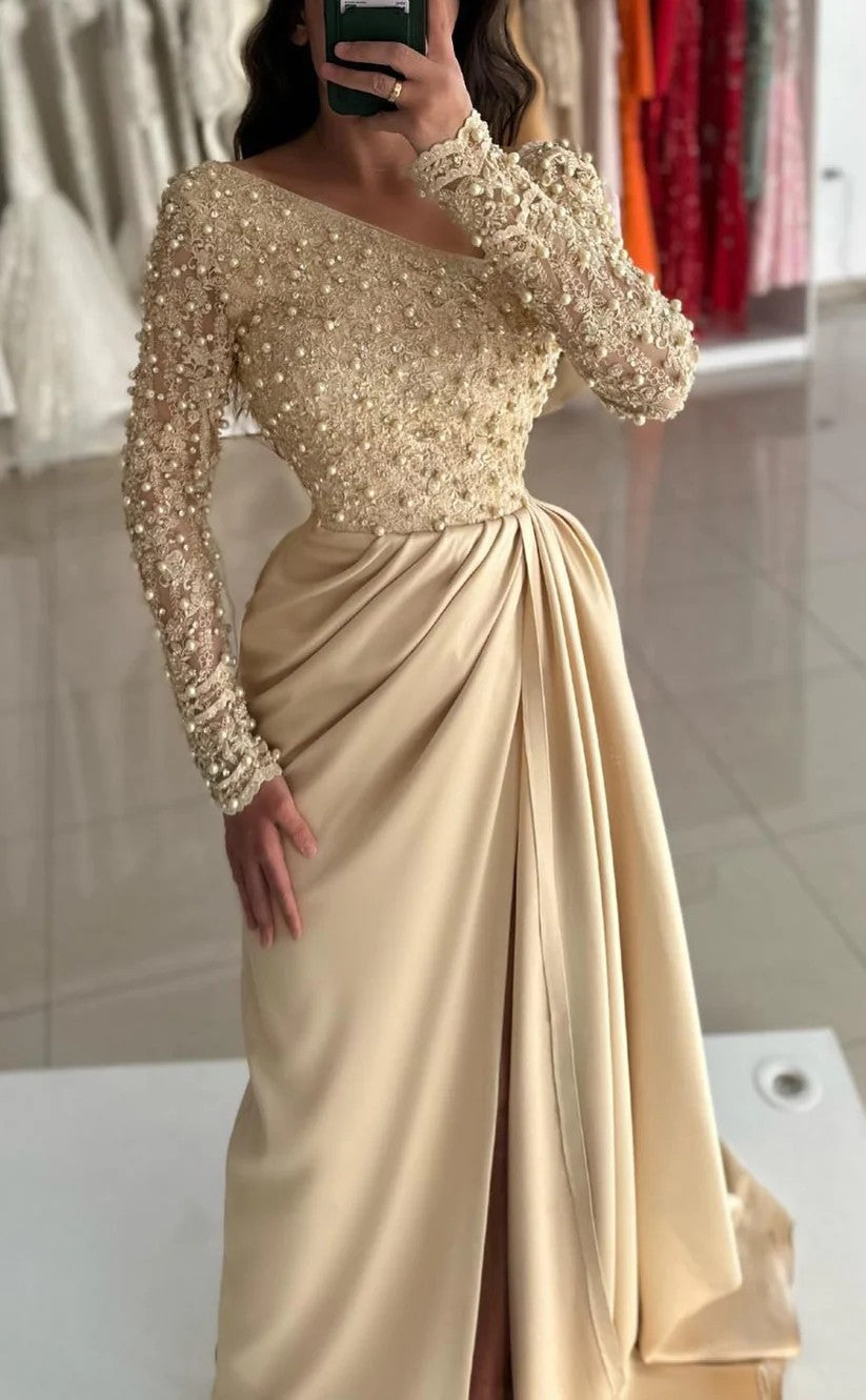 RP1321-Elegant Mermaid V-Neck Pearl Appliqued Long Sleeves Satin Prom Evening Dresses Formal Party Gowns With Slit