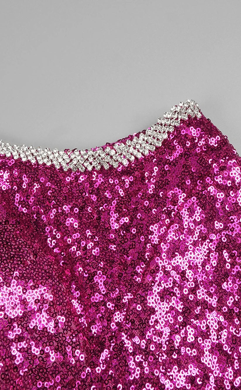 RP2083-Sparkling Fuchsia Mermaid One Shoulder Beaded Crystals Sleeveless Sequins Prom Evening Dresses Formal Party Gowns With Slit