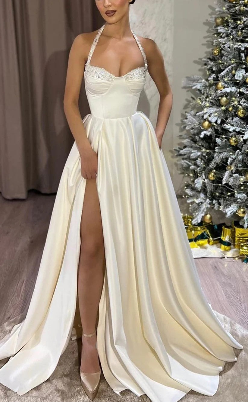 RP1327-Elegant Ivory Mermaid Halter Ruched Beaded Sleeveless Satin Prom Evening Dresses Formal Party Gowns With Split