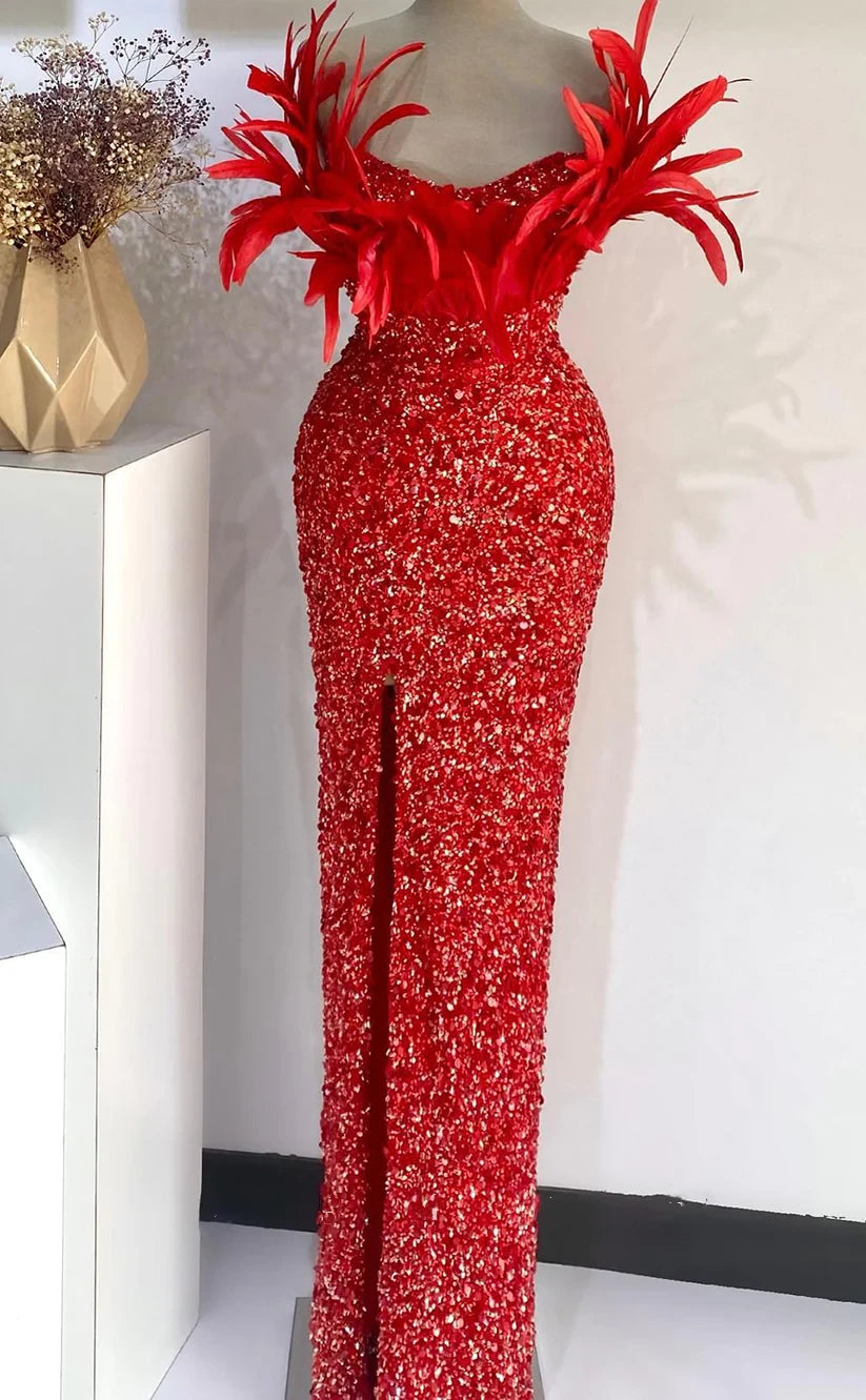 RP415-Sparkling Red Mermaid Sweetheart Beads Sequins Feathers Sleeveless Long Prom Evening Dresses Formal Party Gowns With Slit