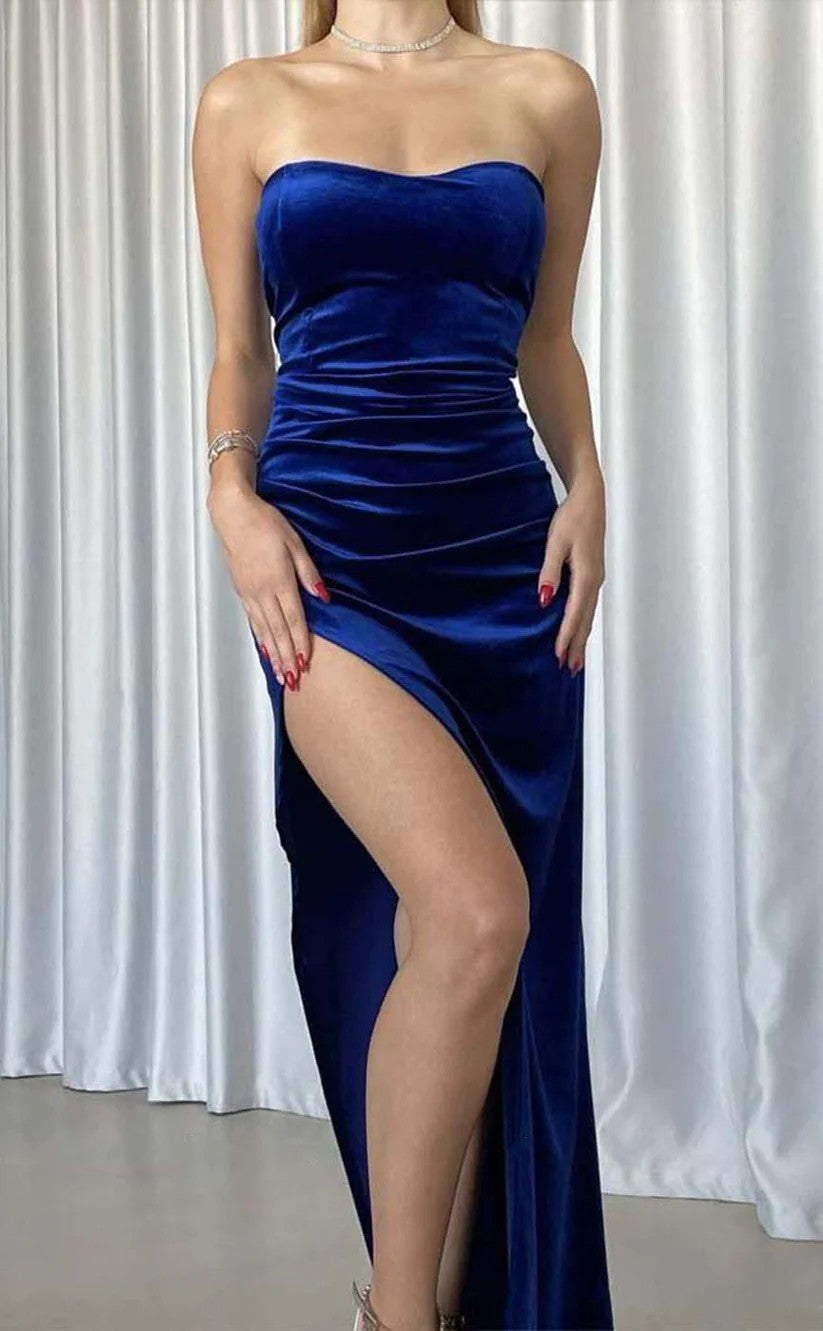 RP1356-Elegant Pink Mermaid Sweetheart Ruched Sleeveless Velvet Prom Evening Dresses Formal Party Gowns With Slit
