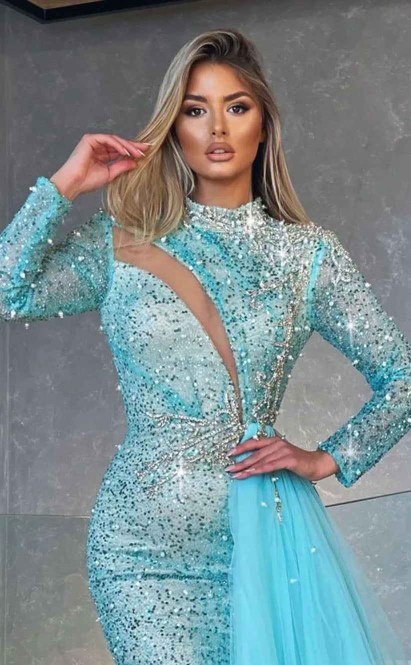 RP2144-Luxury Sky Blue Mermaid High Neck Beaded Crystals Long Sleeves Satin Prom Evening Dresses Formal Party Gowns With Train