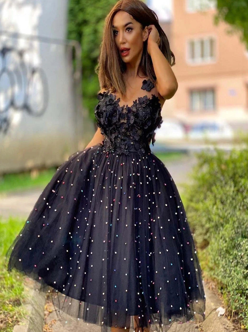 Sweet Elegant V-Neck Tulle Ball Gown 3D Flowers Beadings Backless Tea Length Homecoming Dresses Prom Graduation Party Gowns