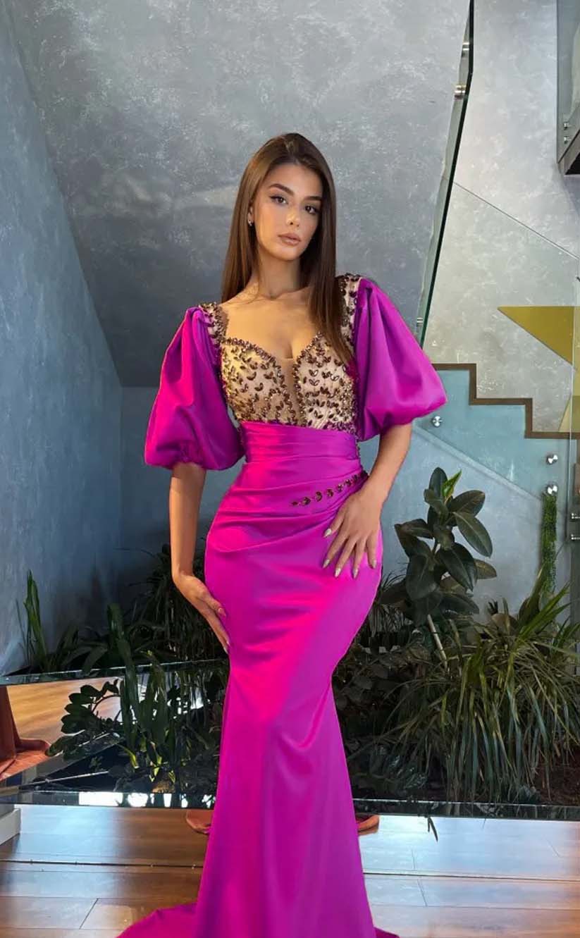 RP2121-Charming Purple Mermaid Sweetheart Beaded Crystals Puffy Sleeves Satin Prom Evening Dresses Formal Party Gowns With Train