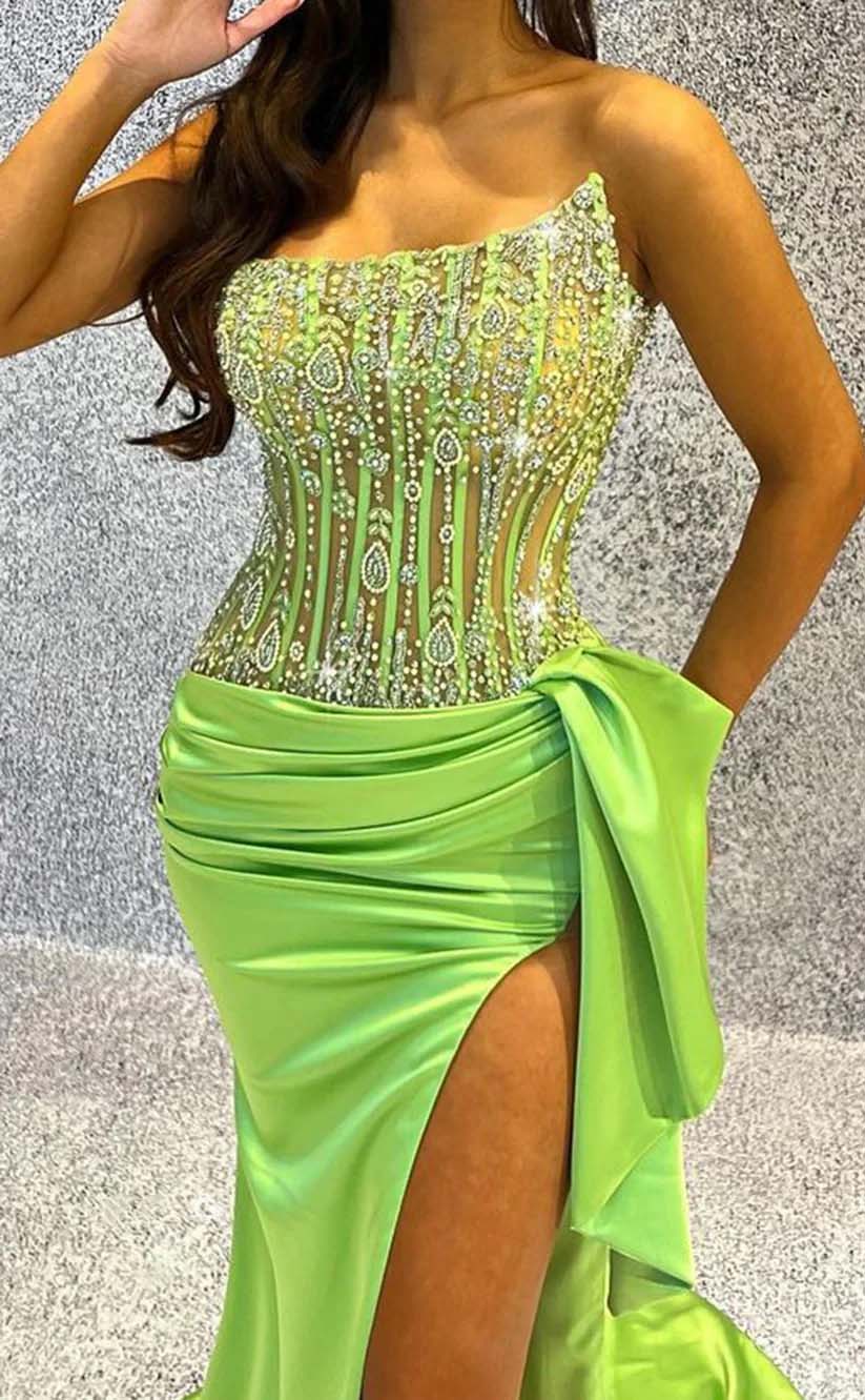RP2135-Luxury Green Mermaid Strapless Beaded Crystals Sleeveless Prom Evening Dresses Formal Party Gowns With Slit
