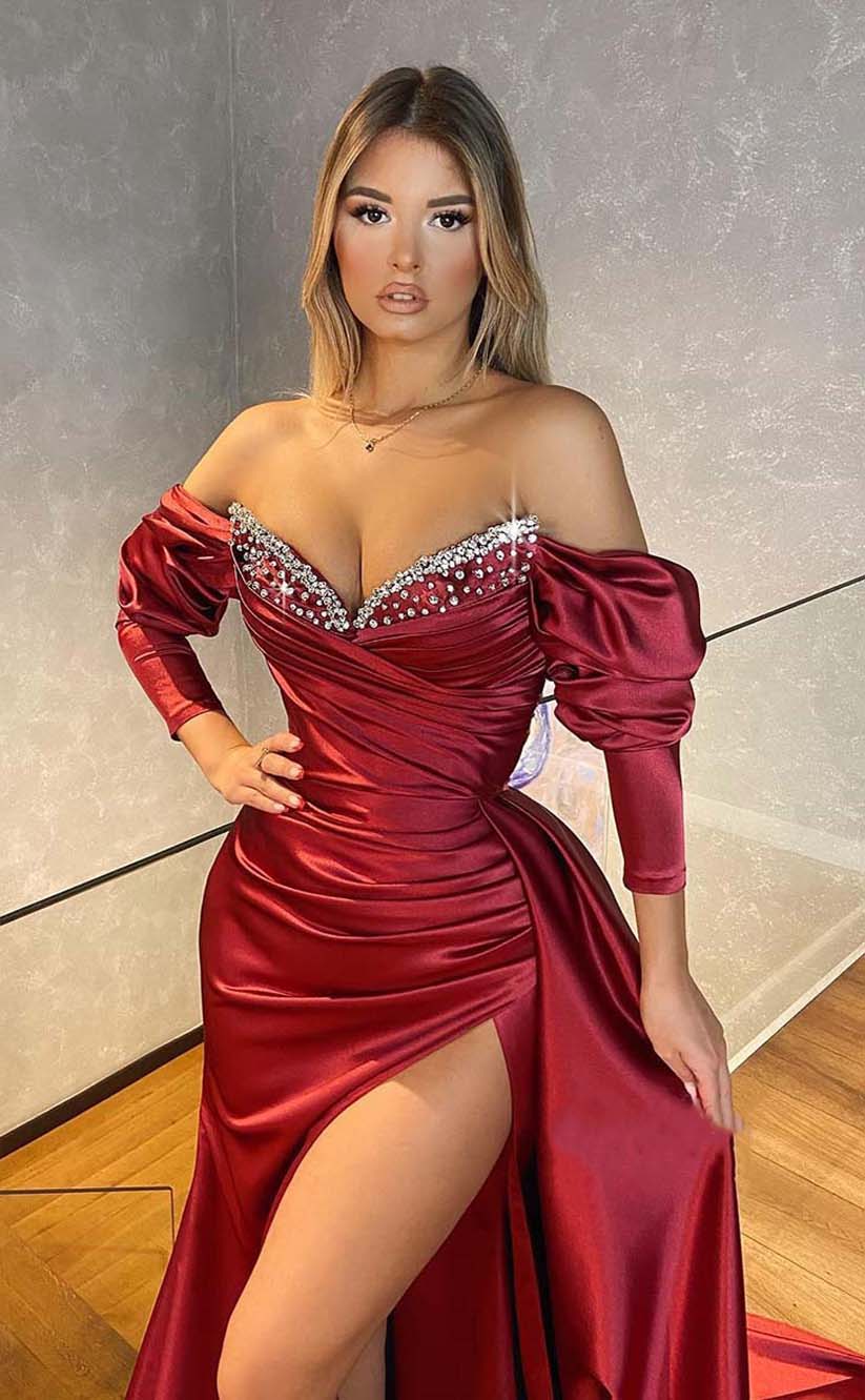 RP2130-Gorgeous Burgundy Mermaid Off-the-Shoulder Beaded Long Sleeves Satin Prom Evening Dresses Formal Party Gowns With Slit