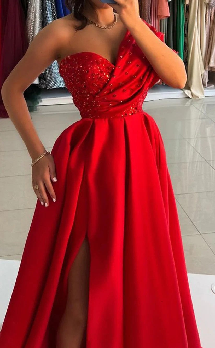 RP1416-Elegant Red A-Line One Shoulder Beaded Cap Sleeves Prom Evening Dresses Formal Party Gowns With Slit