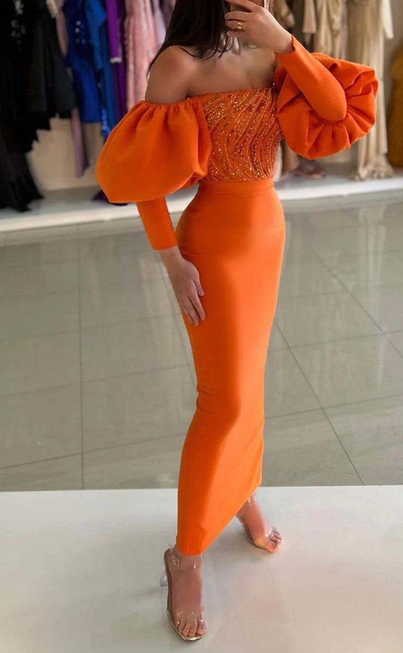 RP1421-Modern Orange Mermaid Strapless Ruched Sequins Puffy Sleeves Prom Evening Dresses Formal Party Gowns