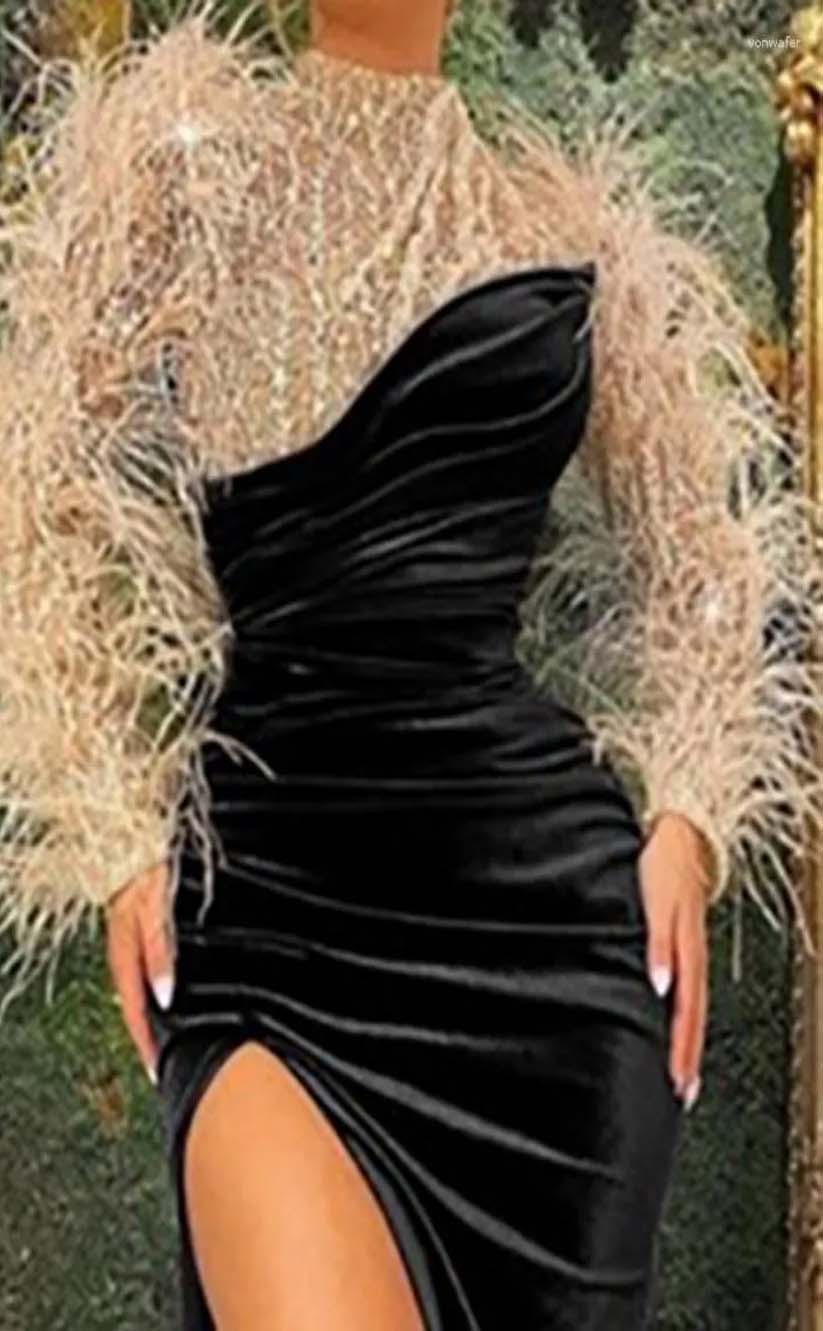 RP2029-Unique Peacock Mermaid High Neck Feather Pleated Long Sleeves Velvet Prom Evening Dresses Formal Party Gowns With Slit