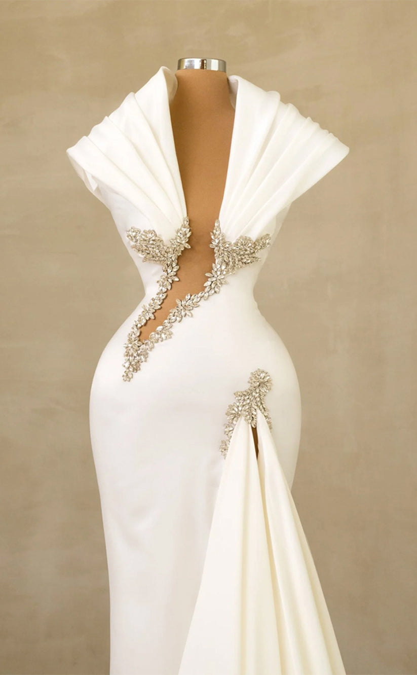 RP255-White Mermaid Off-the-Shoulder Beads Crystals Cap Sleeves Prom Evening Dresses Formal Party Gowns With Pleated