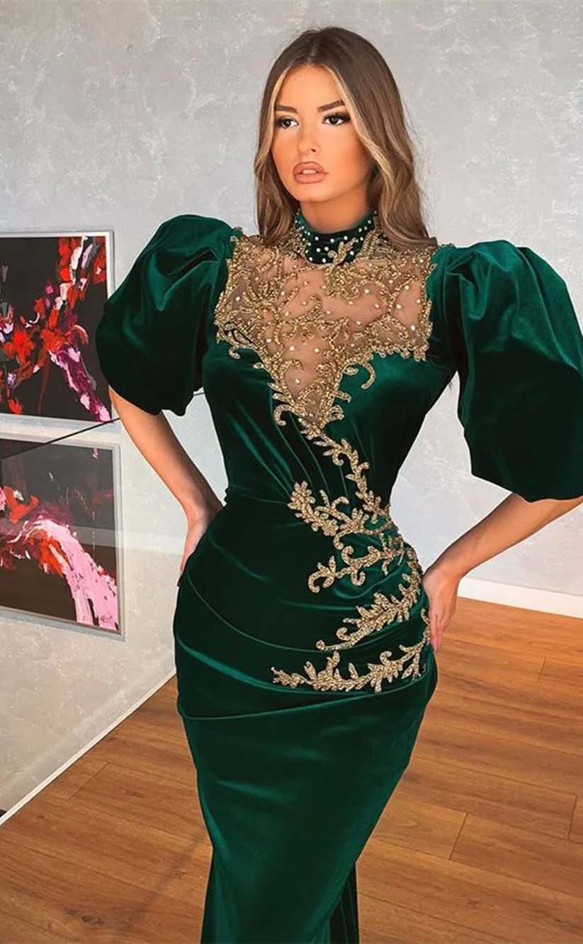 RP2041-Charming Green Mermaid High Neck Pleated Appliqued Half Sleeves Velvet Prom Evening Dresses Formal Party Gowns