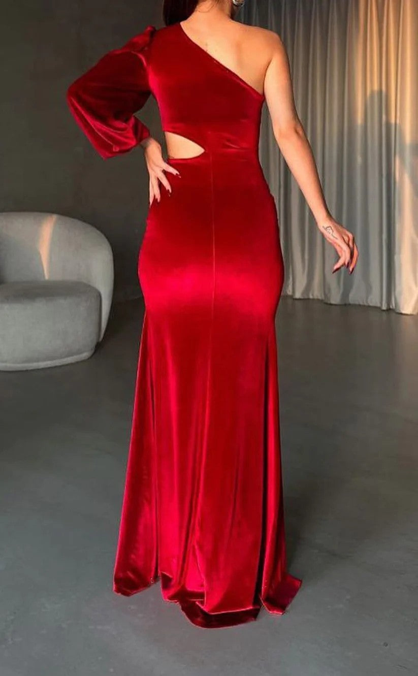 RP1438-Elegant Red Mermaid One Shoulder Ruched One Long Sleeve Velvet Prom Evening Dresses Formal Party Gowns With Slit