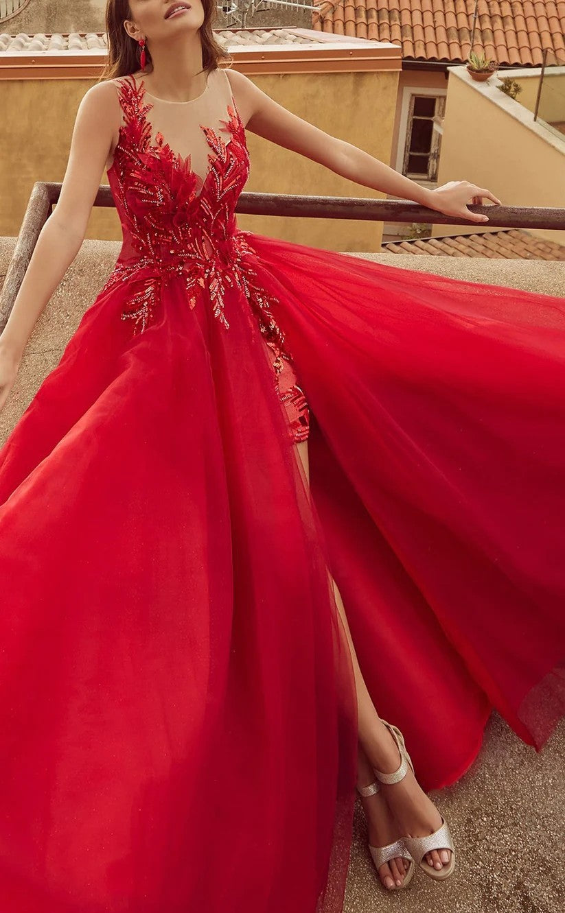 RP1440-Gorgeous Red A-Line Illusion Scoop Appliqued Cap Sleeves Tulle Prom Evening Dresses Formal Party Gowns With Slit