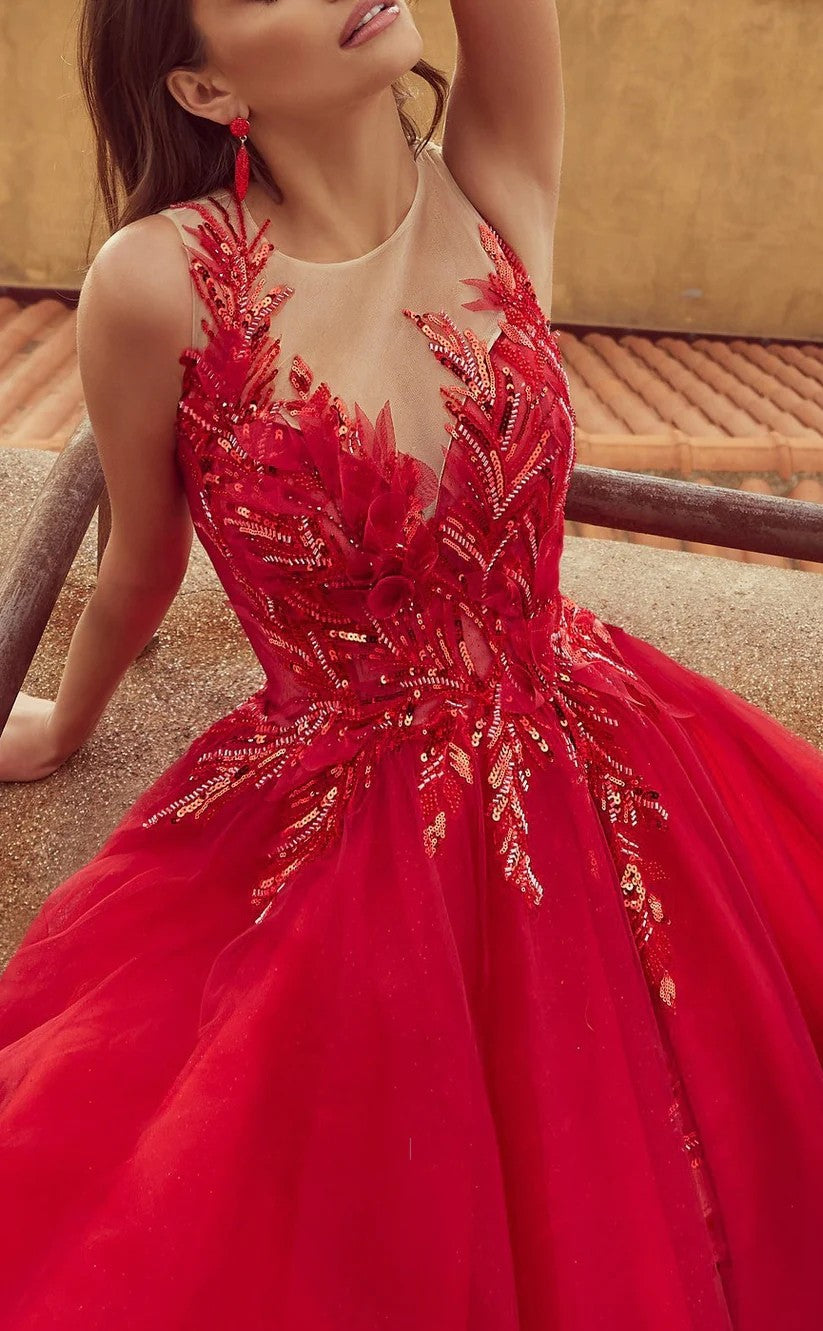 RP1440-Gorgeous Red A-Line Illusion Scoop Appliqued Cap Sleeves Tulle Prom Evening Dresses Formal Party Gowns With Slit