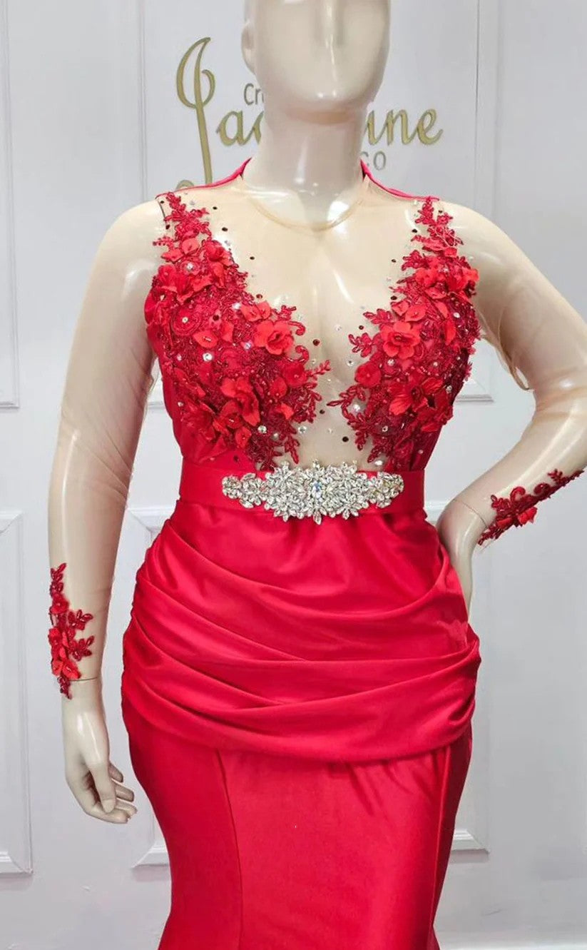 RP1446-Gorgeous Red Mermaid Jewel Appliqued Beaded Long Sleeves Prom Evening Dresses Formal Party Gowns With Train