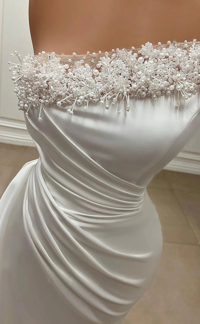 RP1443-Classic White Mermaid Strapless Beaded Ruched Sleeveless Prom Evening Dresses Formal Party Gowns With Slit