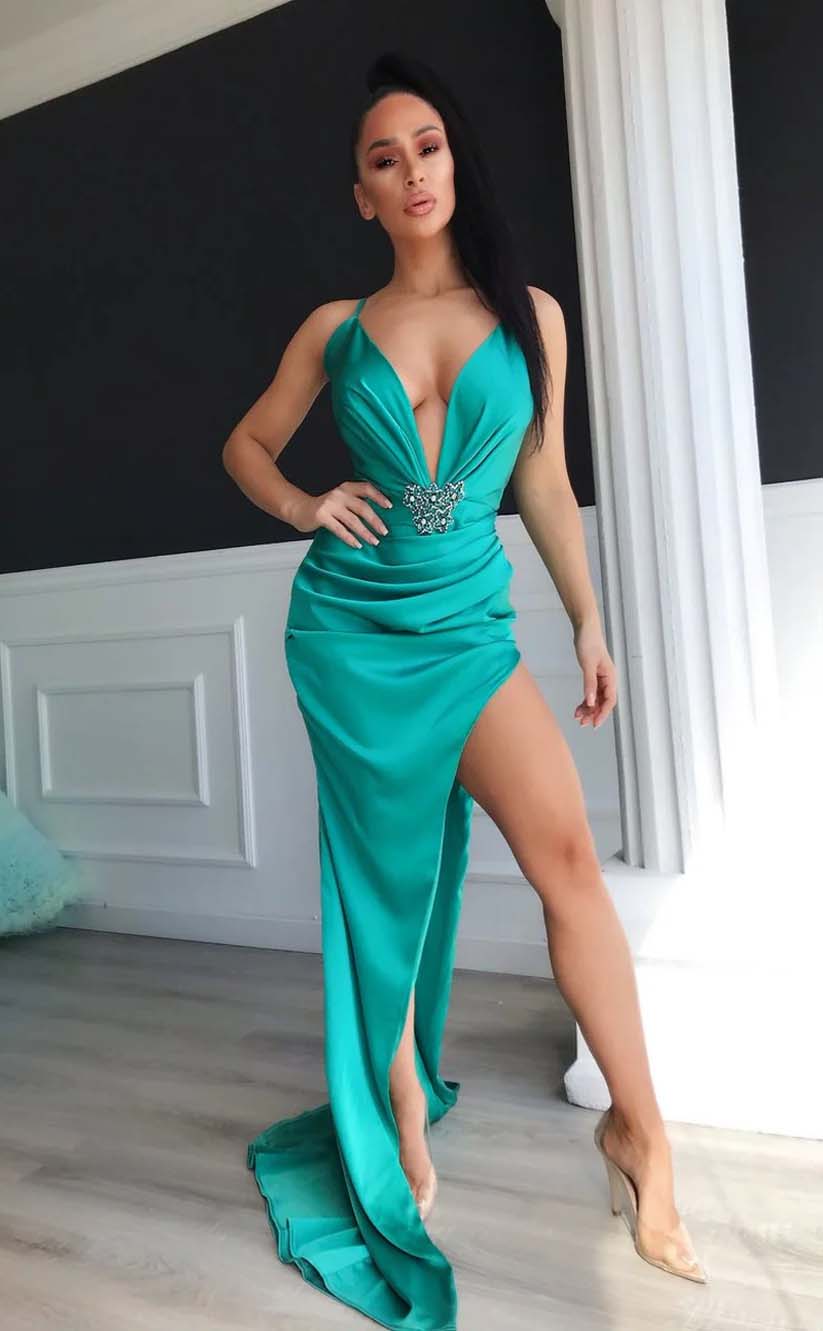 RP2181-Gorgeous Green Mermaid Spaghetti Appliqued Pleated Satin Prom Evening Dresses Formal Party Gowns With Slit
