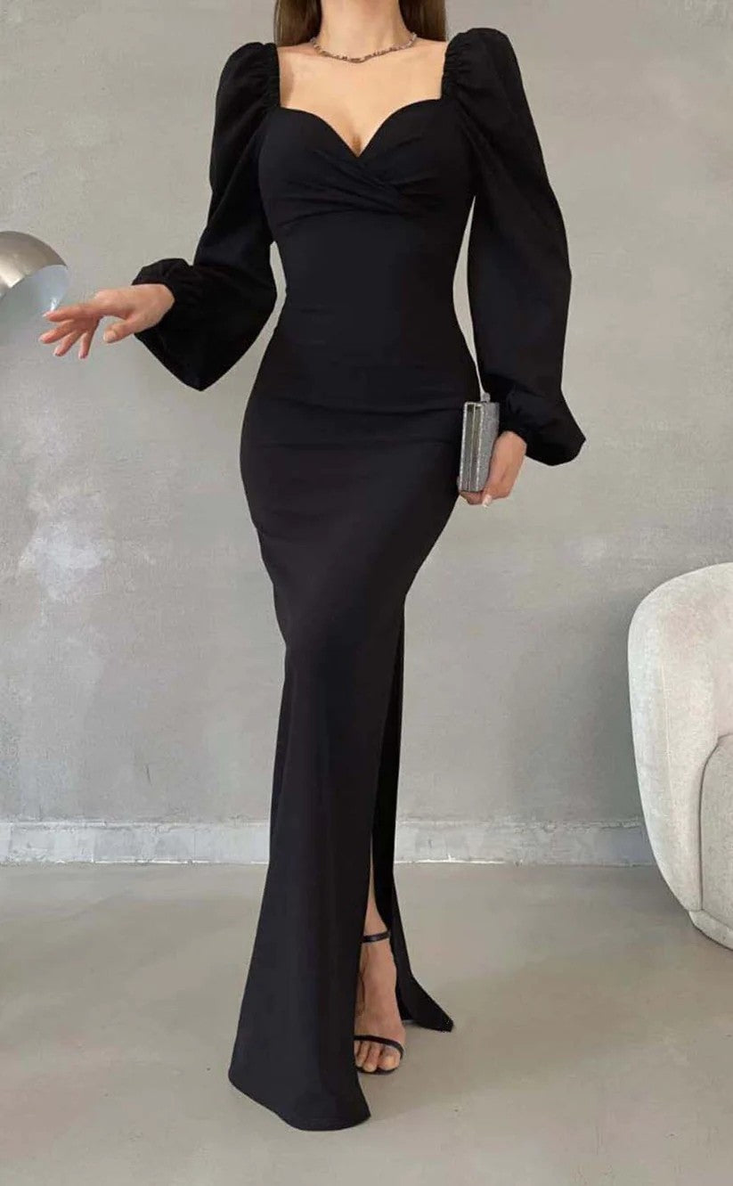 RP1457-Elegant Green Mermaid Sweetheart Ruched Long Sleeves Chiffon Prom Evening Dresses Formal Party Gowns With Slit