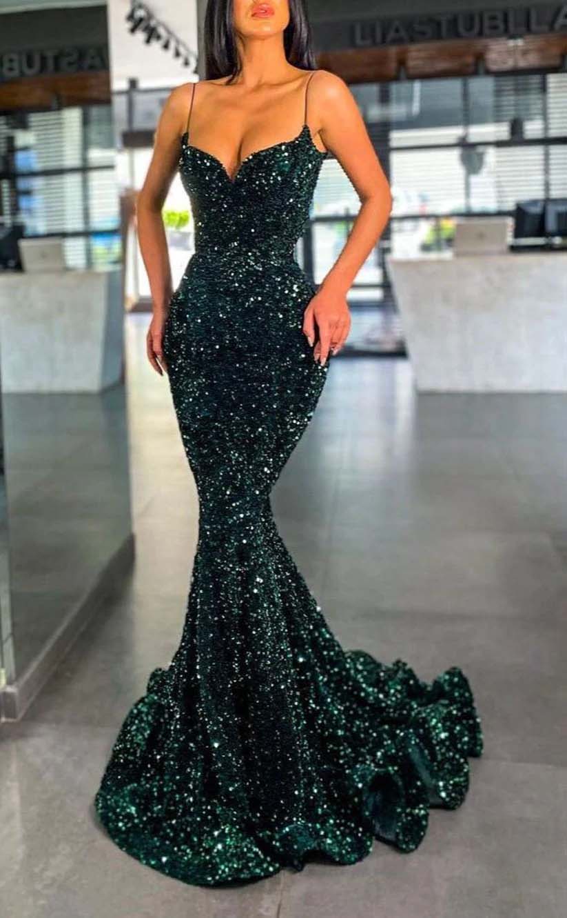 RP2188-Sparkling Mermaid Green Spaghetti Sequins Beaded Sleeveless Prom Evening Dresses Formal Party Gowns