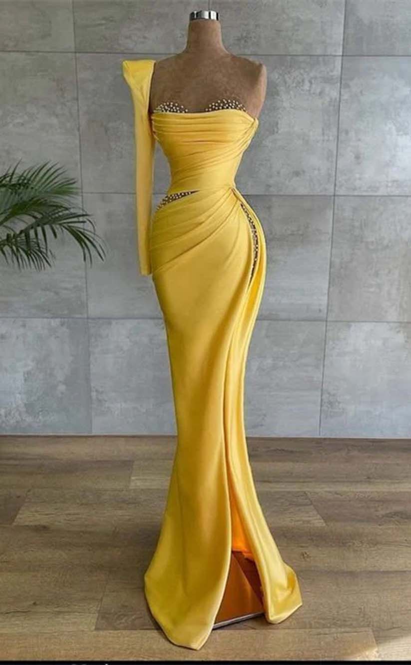 RP2190-Luxury Yellow Mermaid Sweetheart Pleated Beaded Satin Prom Evening Dresses Formal Party Gowns With Slit