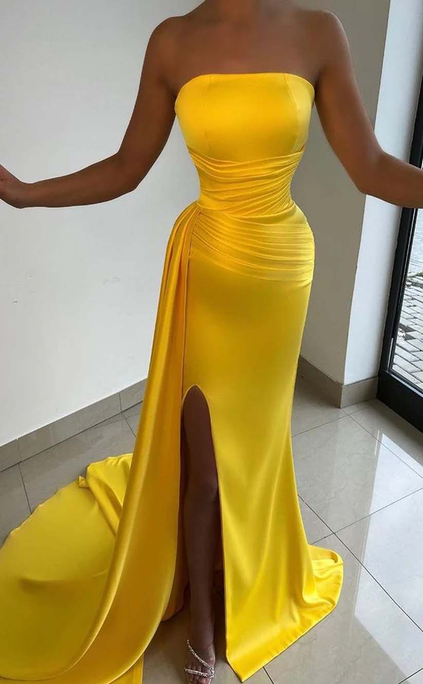RP2191-Simple Yellow Mermaid Strapless Pleated Satin Prom Evening Dresses Formal Party Gowns With Slit