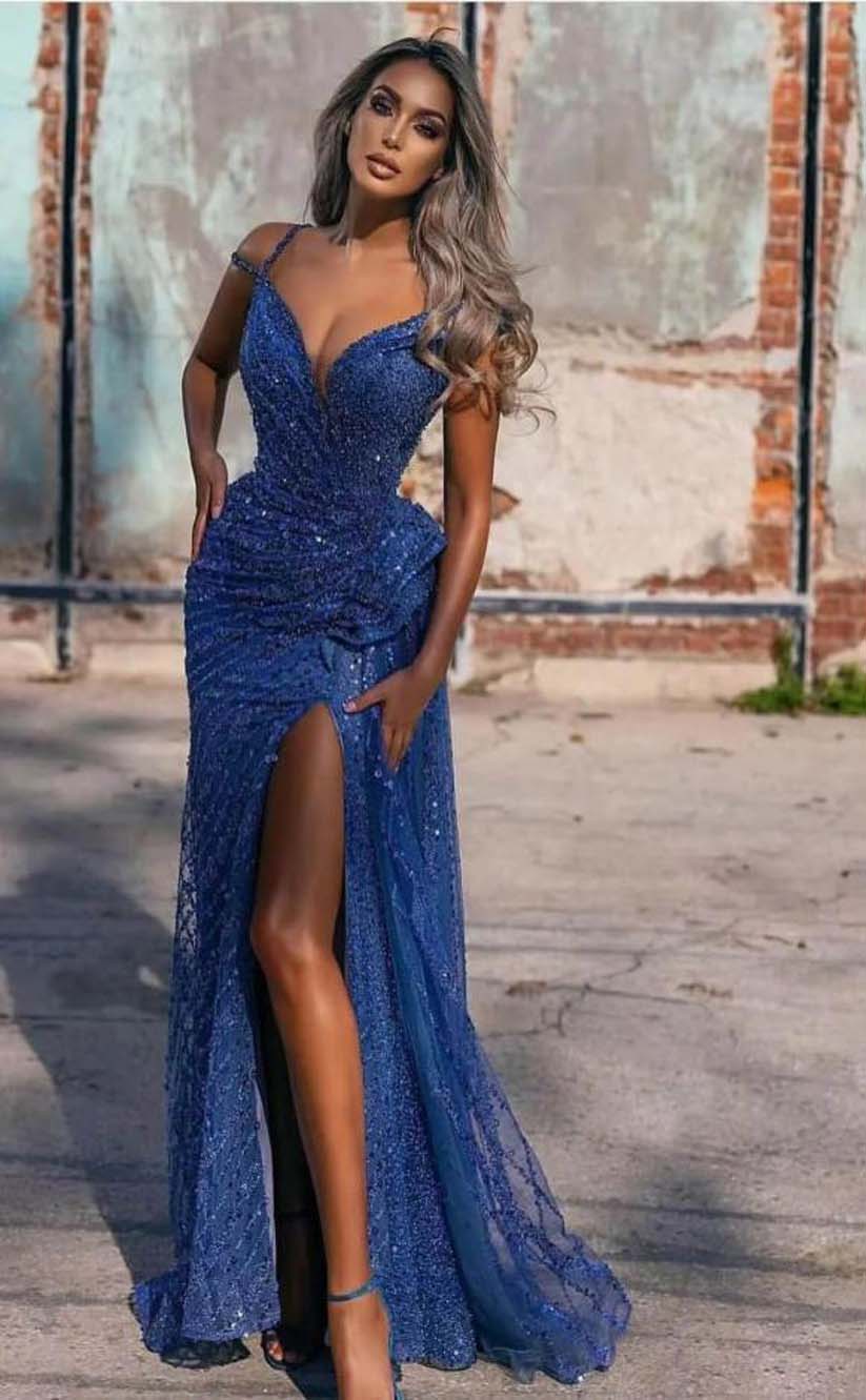 RP2192-Gorgeous Blue Mermaid Spaghetti Sequins Beaded Sleeveless Tulle Prom Evening Dresses Formal Party Gowns With Slit