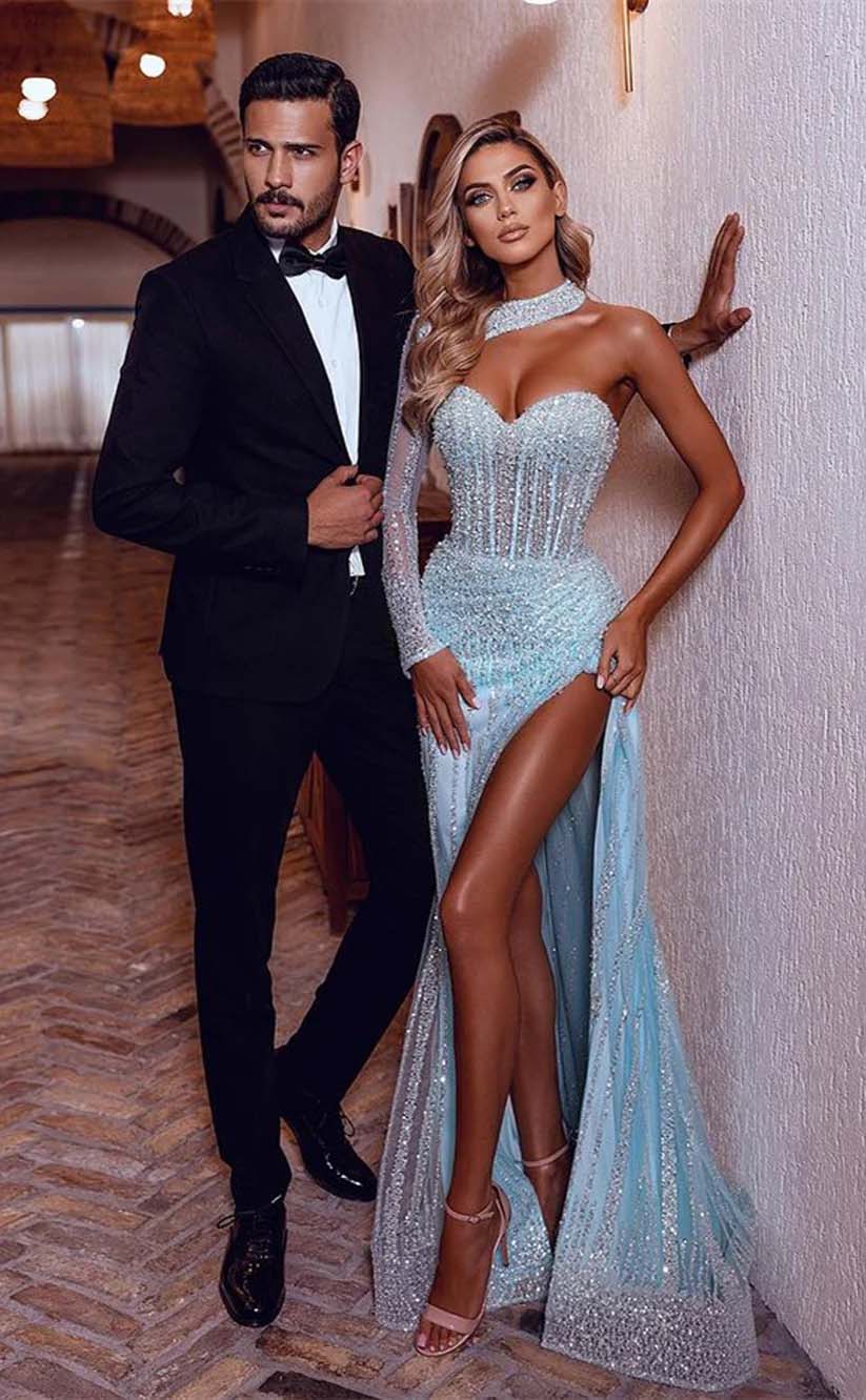 RP2193-Sparkling Sky Blue Mermaid Sweetheart Sequins Beaded Long Sleeves Tulle Prom Evening Dresses Formal Party Gowns With Slit