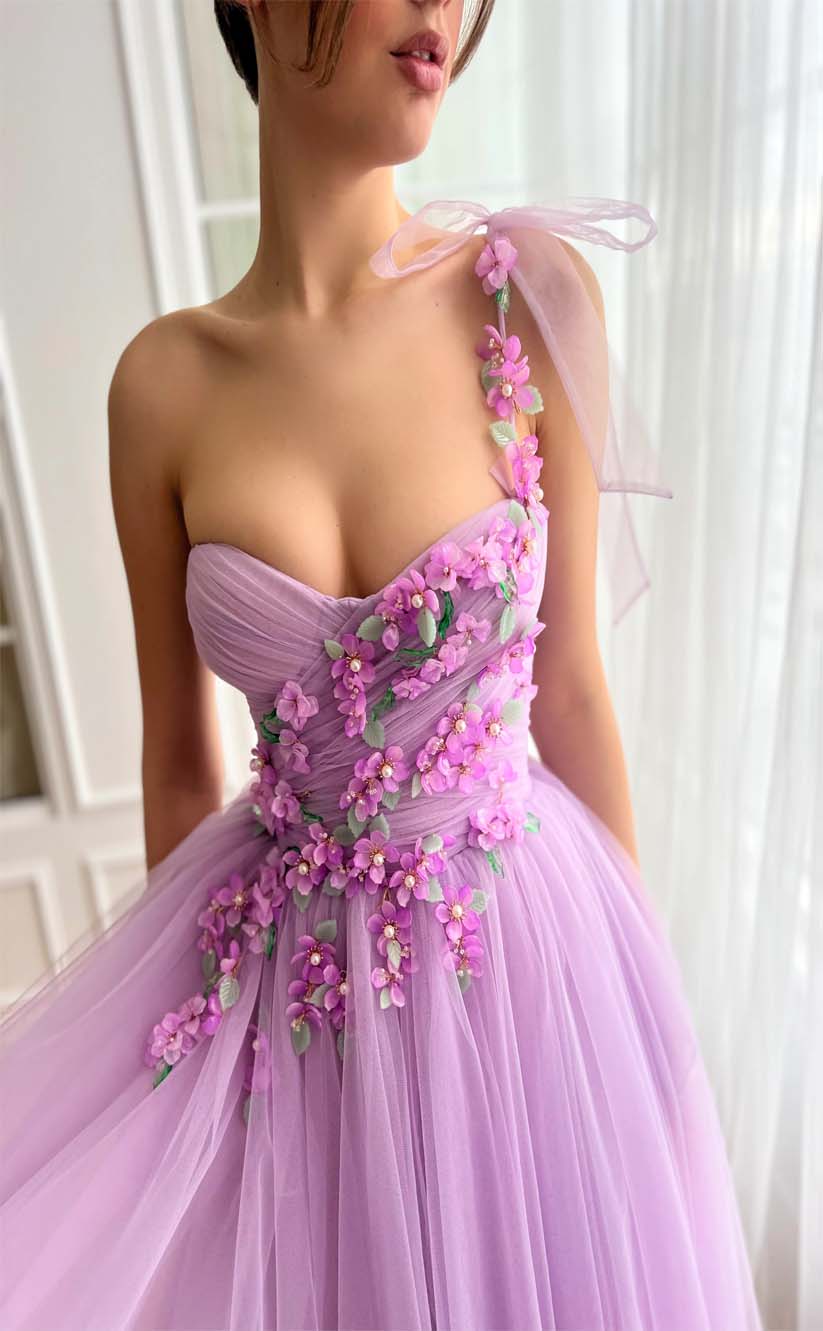 RP2194-Cute Purple Mermaid One Shoulder Appliqued Sleeveless Tulle Tea Length Prom Evening Dresses Formal Party Gowns