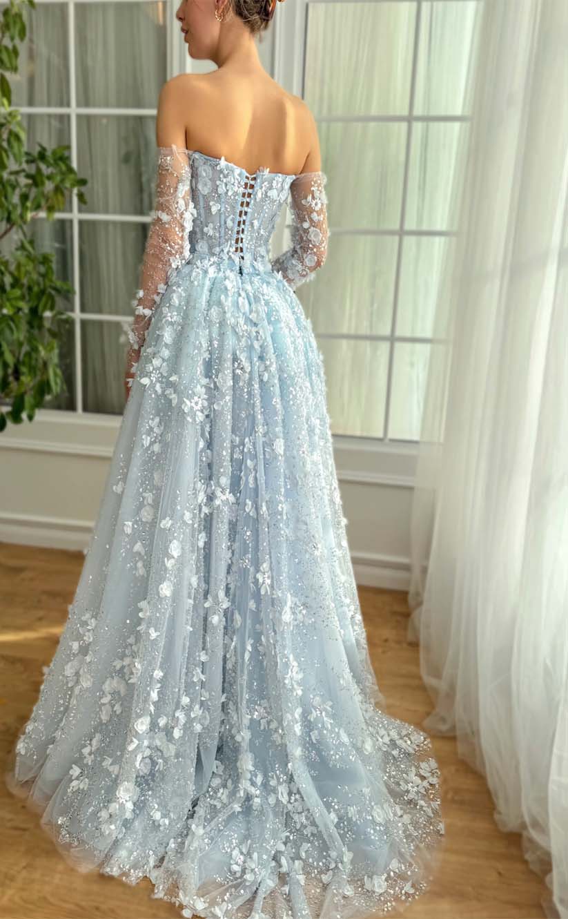 RP2195-Sparkling Sky Blue Mermaid Strapless Sequins Beaded Appliqued Long Sleeves Tulle Prom Evening Dresses Formal Party Gowns