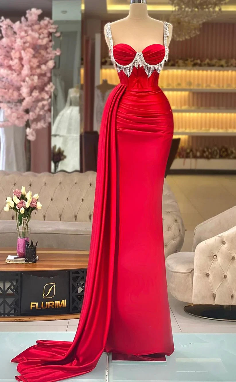 RP397-Gorgeous Green Mermaid Sweetheart Beaded Ruched Tassel Sleeveless Satin Prom Evening Dresses Formal Party Gowns With Slit