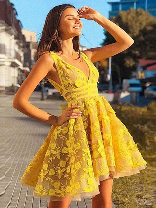 Unique Elegant A-Line V Neck Lace Appliques Yellow Short Prom Cocktail Dress Homecoming Graduation Dresses Formal Gowns Custom