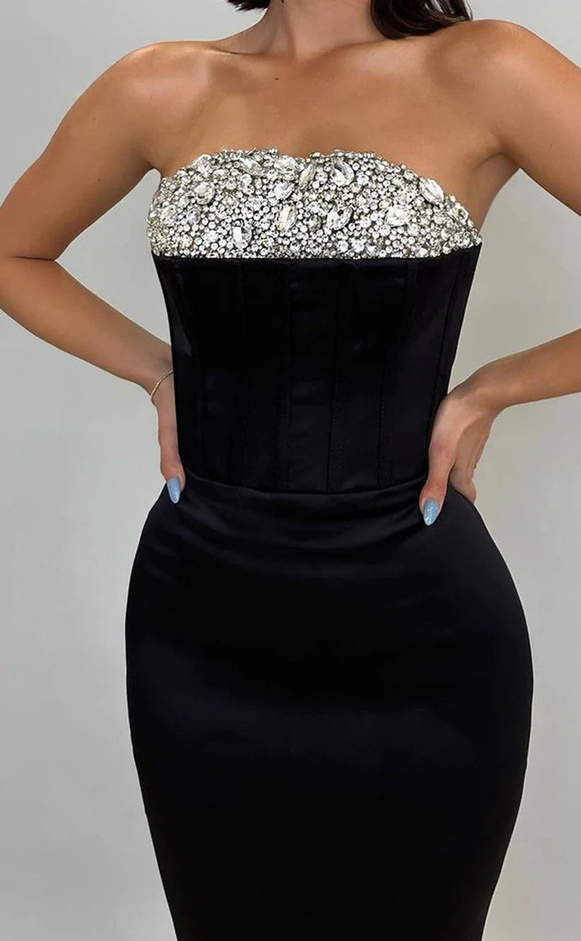 RP1462-Elegant Black Mermaid Strapless Crystals Sleeveless Satin Prom Evening Dresses Formal Party Gowns