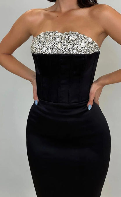 RP1462-Elegant Black Mermaid Strapless Crystals Sleeveless Satin Prom Evening Dresses Formal Party Gowns