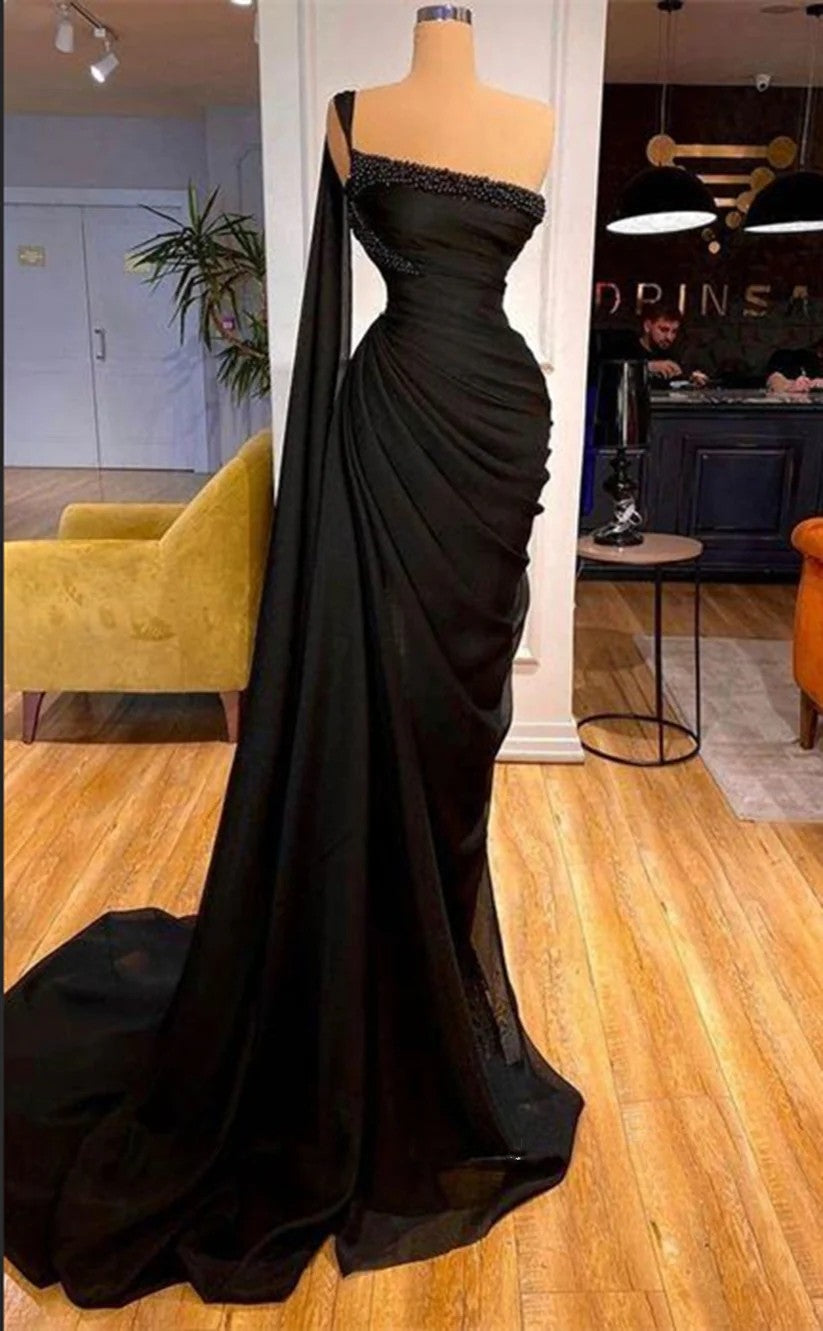 RP1466-Elegant Black Mermaid One Shoulder Pearls Sleeveless Satin Prom Evening Dresses Formal Party Gowns With Train