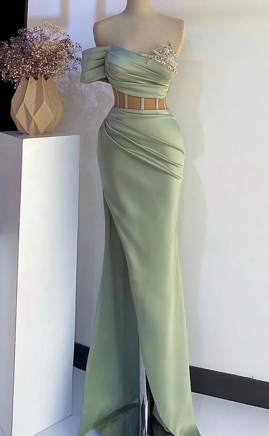 RP399-Classic Mermaid Sweetheart Beaded Ruched Sleeveless Satin Prom Evening Dresses Formal Party Gowns With Slit