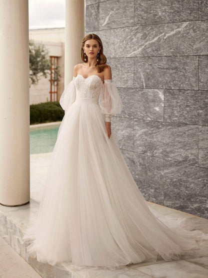 Ivory A-Line Wedding Dresses Sweetheart Appliques Beads Detachable Puffy Sleeves Tulle Court Train Bridal Gowns Custom Made