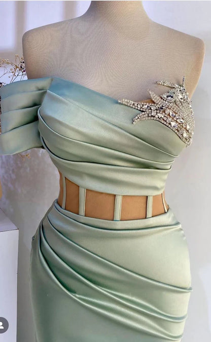 RP399-Classic Mermaid Sweetheart Beaded Ruched Sleeveless Satin Prom Evening Dresses Formal Party Gowns With Slit