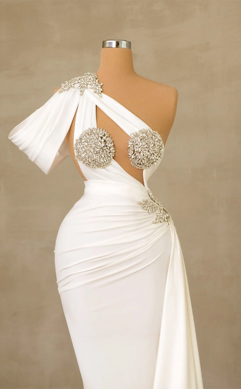 RP260-White Mermaid One Shoulder Beads Crystals Cap Sleeves Prom Evening Dresses Formal Party Gowns With Pleated