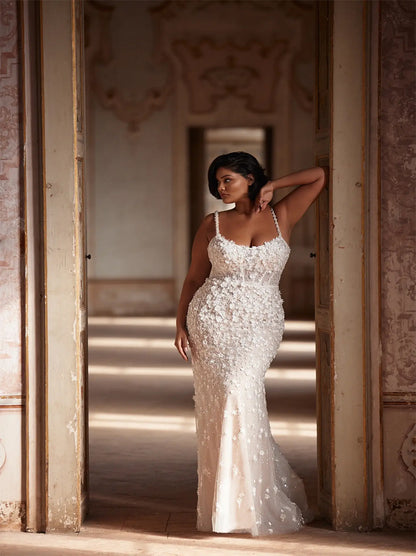 Sparkling & Gorgeous Mermaid Wedding Dresses Spaghetti Sequins Appliqued Tulle Sweep Train Bridal Gowns Custom Plus Size