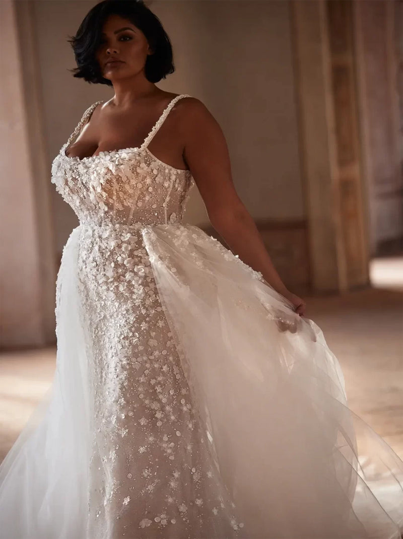 Sparkling & Gorgeous Mermaid Wedding Dresses Spaghetti Sequins Appliqued Tulle Sweep Train Bridal Gowns Custom Plus Size