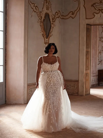 Sparkling & Gorgeous Mermaid Wedding Dresses Spaghetti Sequins Appliqued Tulle Sweep Train Bridal Gowns Custom Plus Size