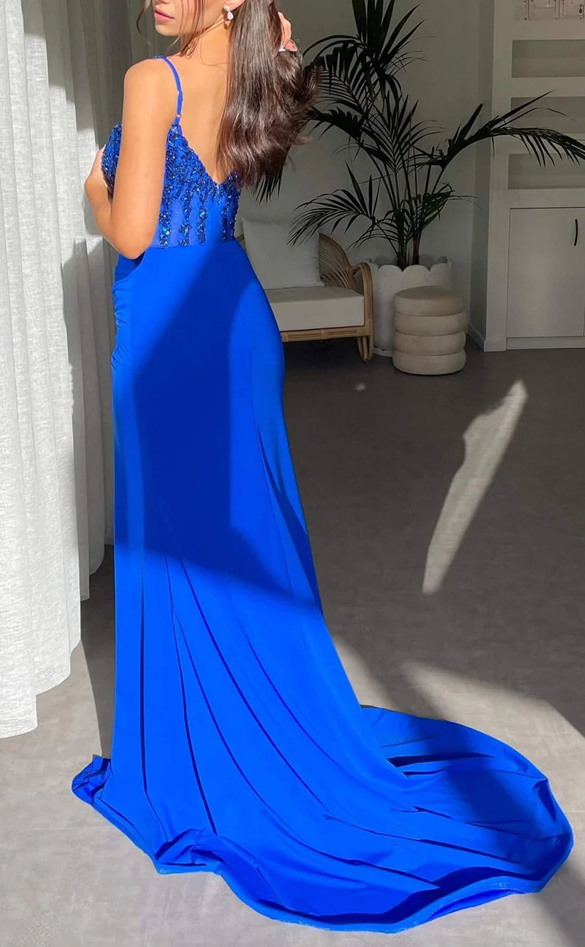 RP1468-Elegant Royal Blue Mermaid Spaghetti Appliqued Beaded Sleeveless Satin Prom Evening Dresses Formal Party Gowns With Slit