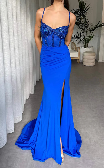 RP1468-Elegant Royal Blue Mermaid Spaghetti Appliqued Beaded Sleeveless Satin Prom Evening Dresses Formal Party Gowns With Slit