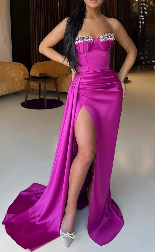 RP1473-Elegant Purple Mermaid Sweetheart Ruched Crystals Sleeveless Satin Prom Evening Dresses Formal Party Gowns With Slit